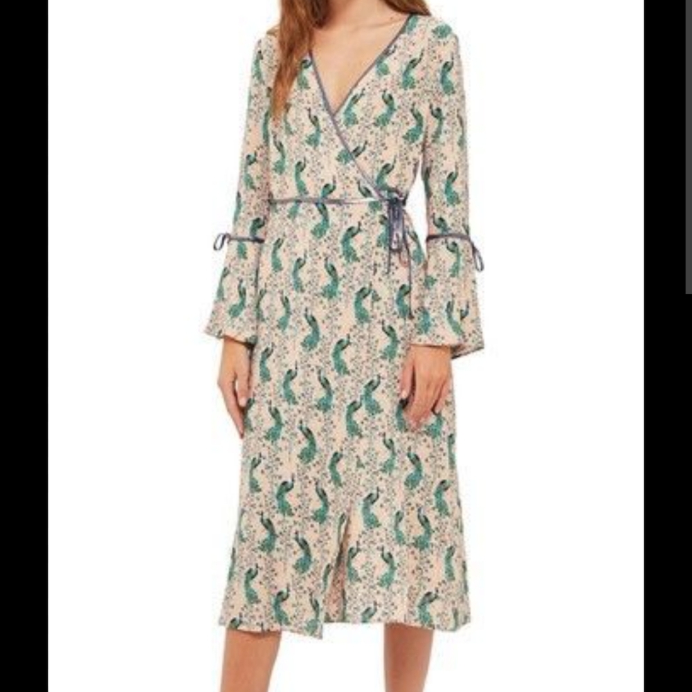Topshop Blush Peacock Long Sleeve Wrap Dress